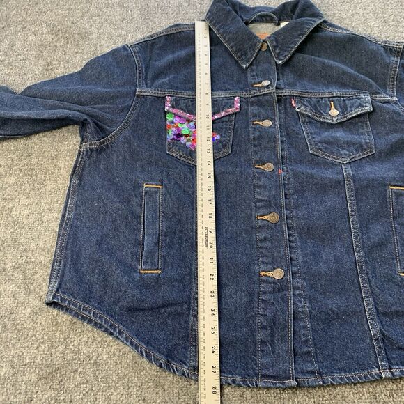 Levi’s Denim Jacket Women’s 1X Trucker Biker Blue Dark Wash Decorated Pocket - Picture 12 of 16